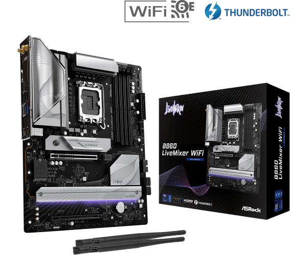 Материнская плата ASRock B860M LIVEMIXER WIFI LGA1851 4xDDR5 4xSATA 3xM.2 1xHDMI 1xThund4 WiFi ATX