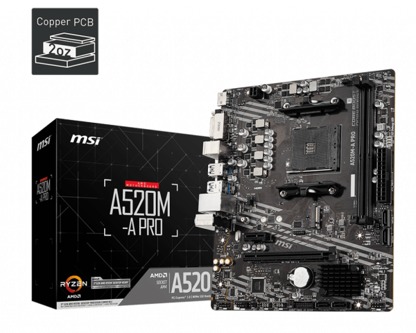 Материнская плата MSI A520M-A PRO AM4 A520 2xDDR4 4xSATA3 RAID 1xM.2 HDMI DVI mATX
